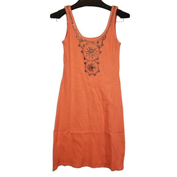 Moda International Ribbed Tank Top Dress Copper Sequin Beaded Sun Boho Beachy - Picture 1 of 4